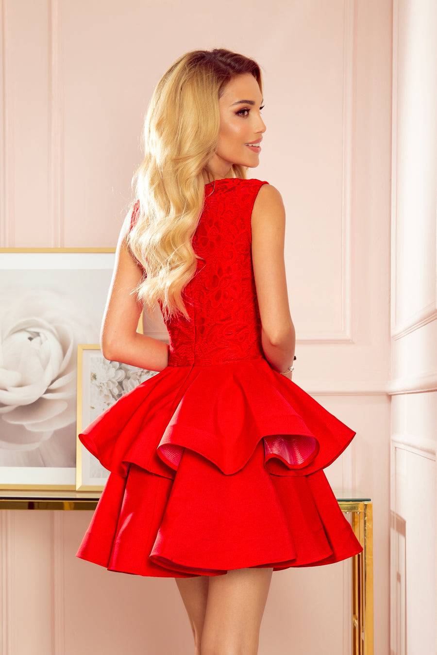 Numoco 321-1 Exclusive dress with lace neckline - RED-Shangri-La Fashion