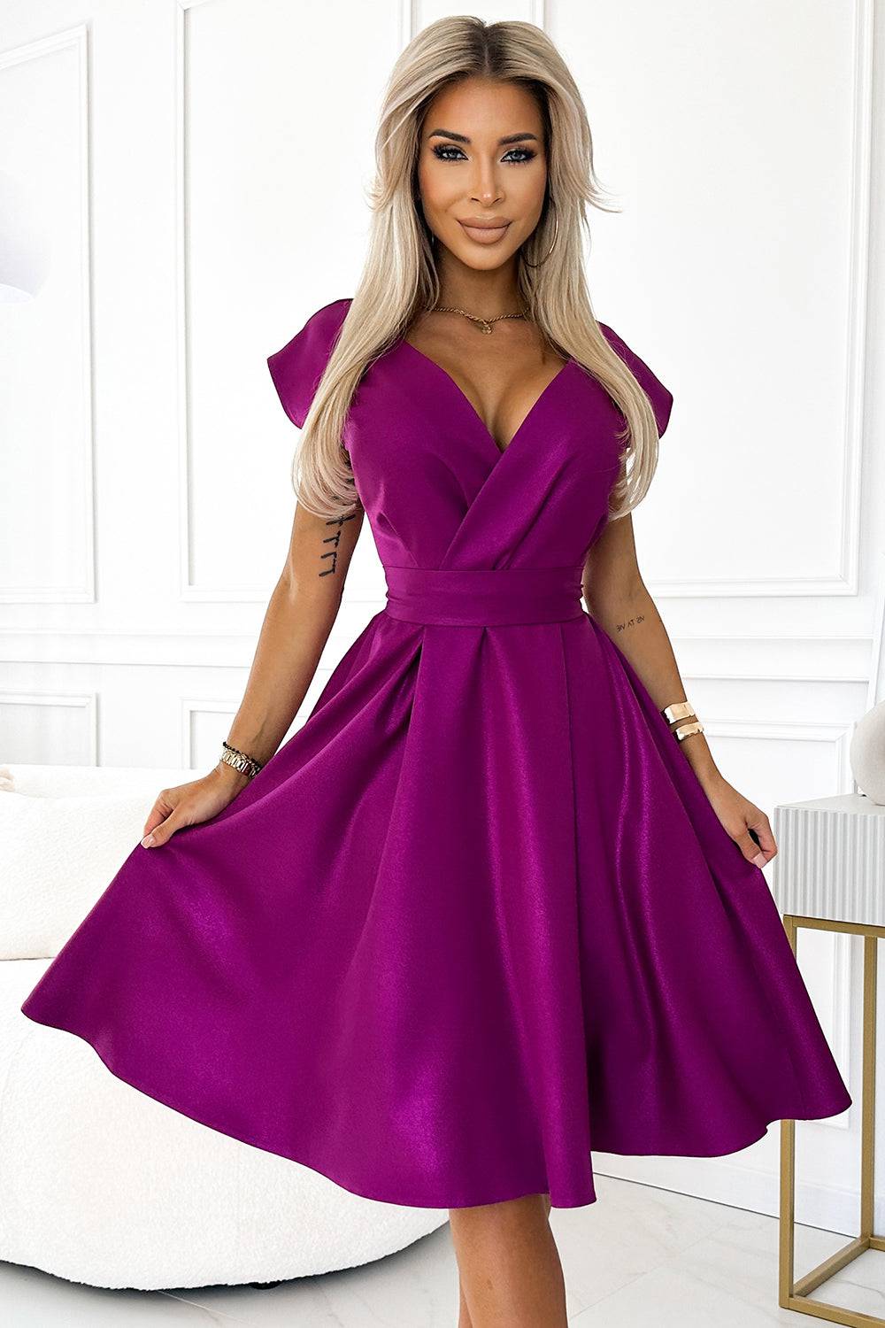 Numoco 348-8 SCARLETT flared dress with a neckline - fuchsia with glitter-Shangri-La Fashion