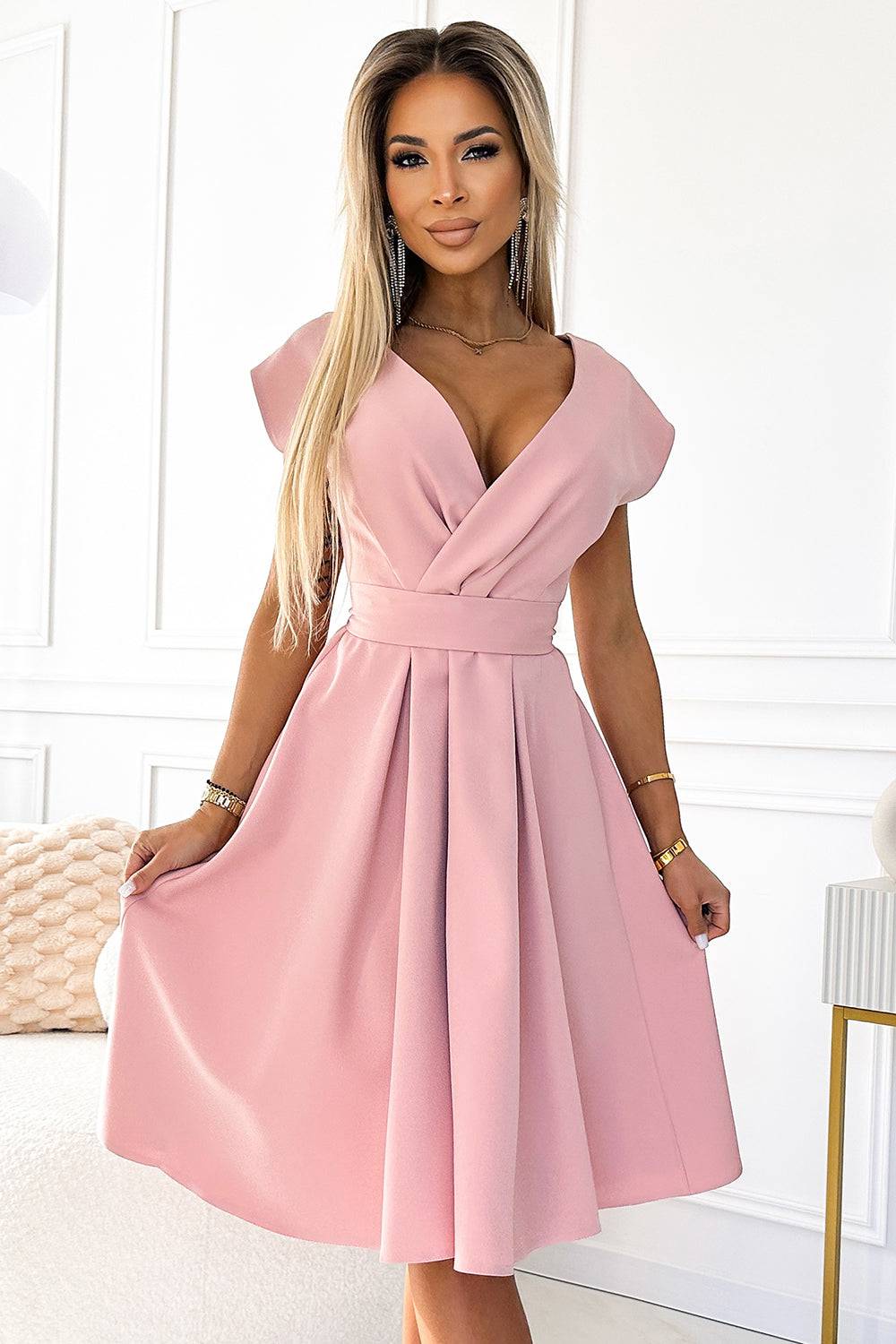 Numoco 348-9 SCARLETT flared dress with a neckline - powder pink-Shangri-La Fashion