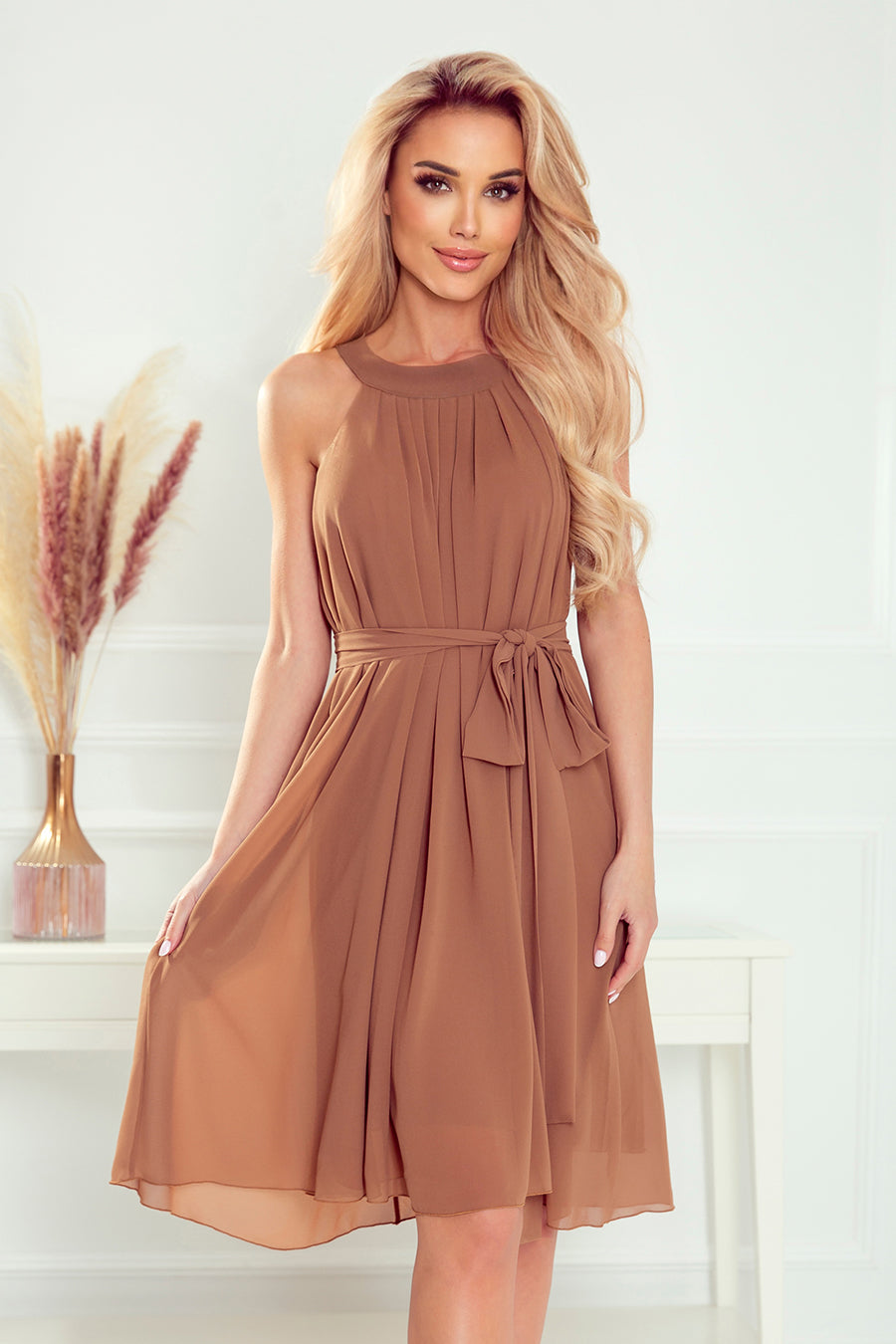 Numoco 350-8 ALIZEE - chiffon dress with a binding - MOCCA-0