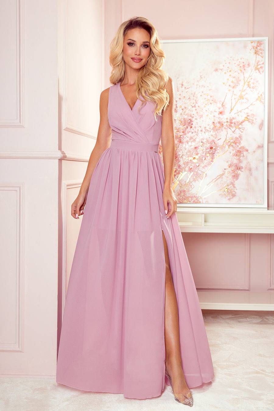 Numoco 362-3 JUSTINE Long dress with a neckline and a tie - dirty pink