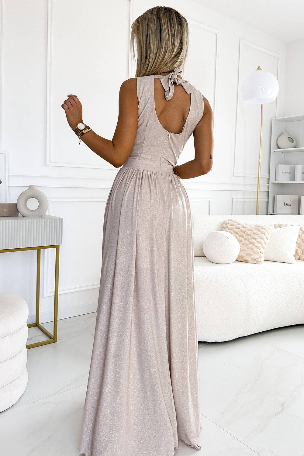 Numoco 362-8 JUSTINE Long dress with a neckline and a tie at the back - beige with glitter-Shangri-La Fashion