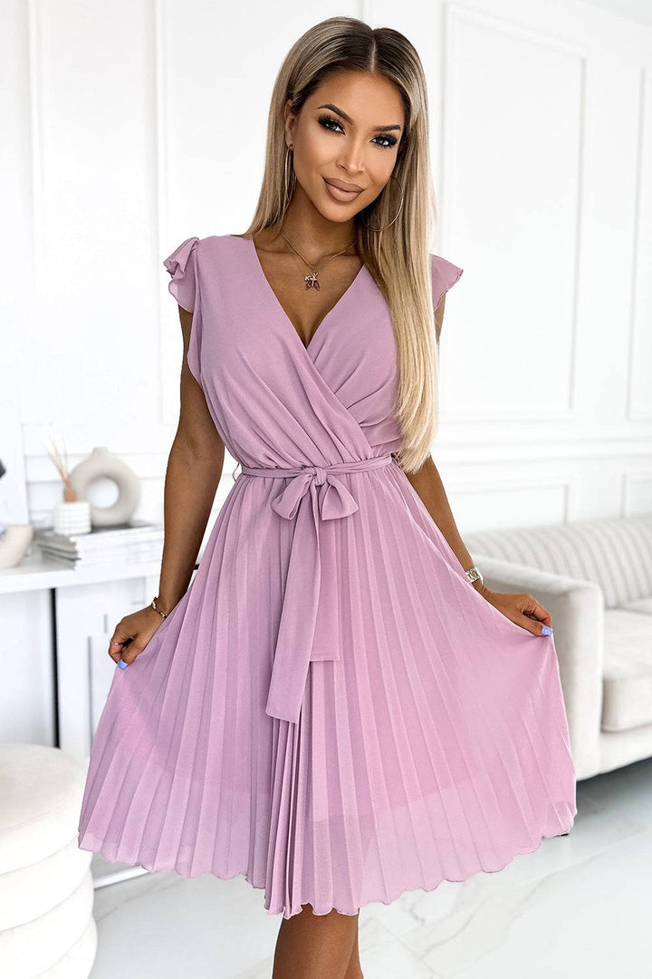 Numoco 374-3 POLINA Pleated dress with a neckline and frills - dirty pink