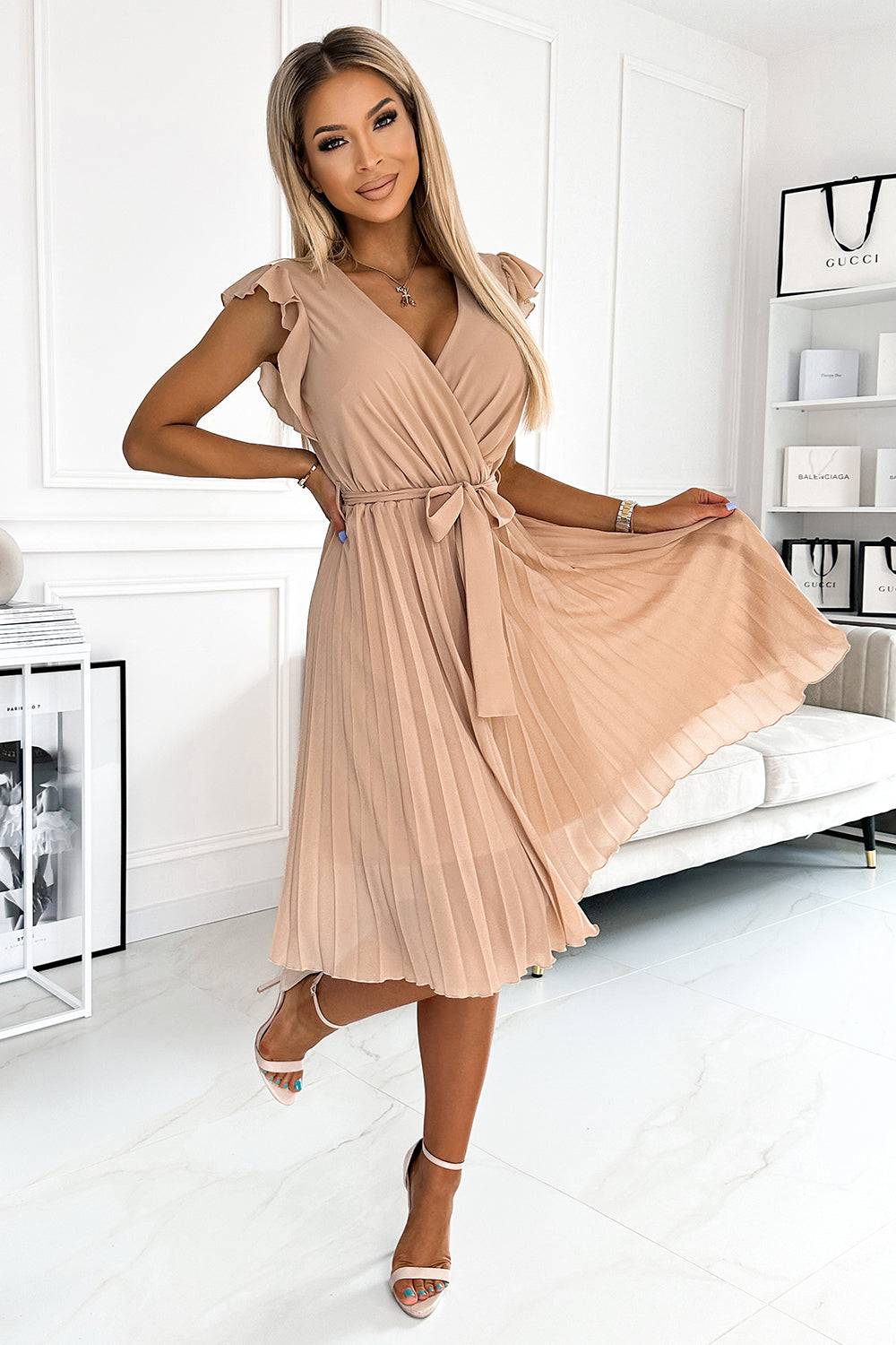 Numoco 374-5 POLINA Pleated dress with a neckline and frills - beige-Shangri-La Fashion