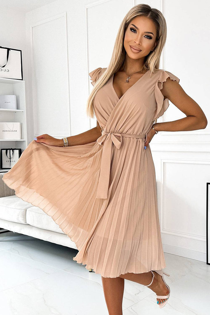 Numoco 374-5 POLINA Pleated dress with a neckline and frills - beige-Shangri-La Fashion