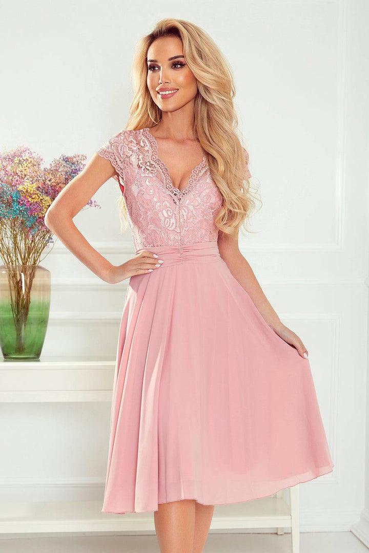 Numoco 381-1 LINDA - chiffon dress with lace neckline - dirty pink