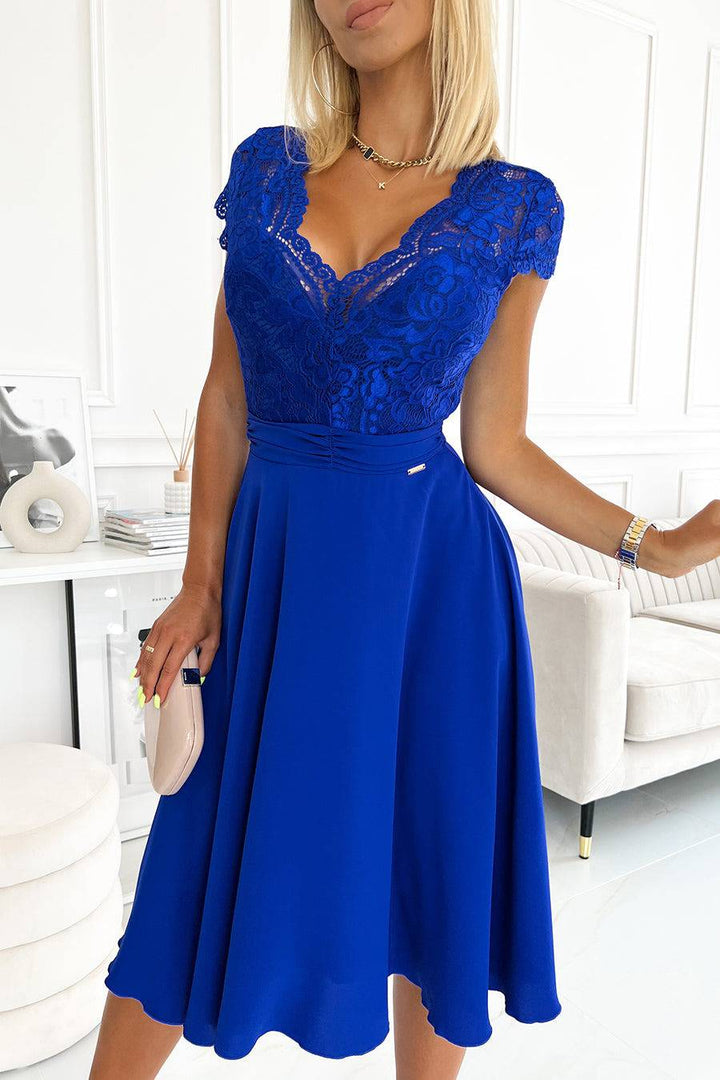 Numoco 381-3 LINDA - chiffon dress with lace neckline - royal blue-Shangri-La Fashion