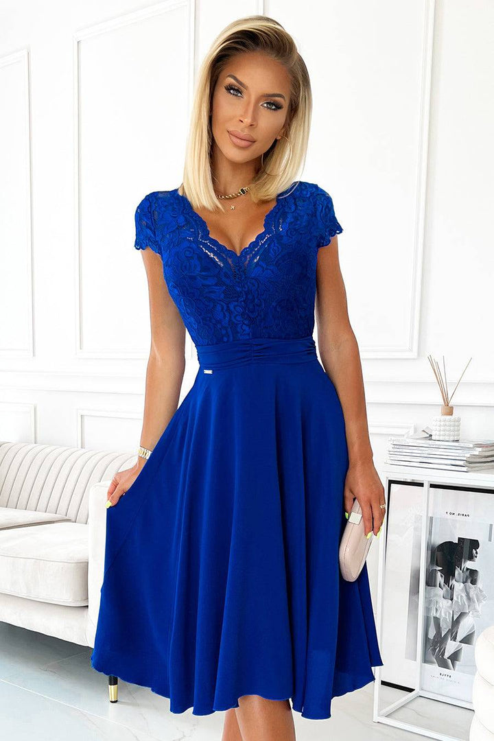 Numoco 381-3 LINDA - chiffon dress with lace neckline - royal blue-Shangri-La Fashion