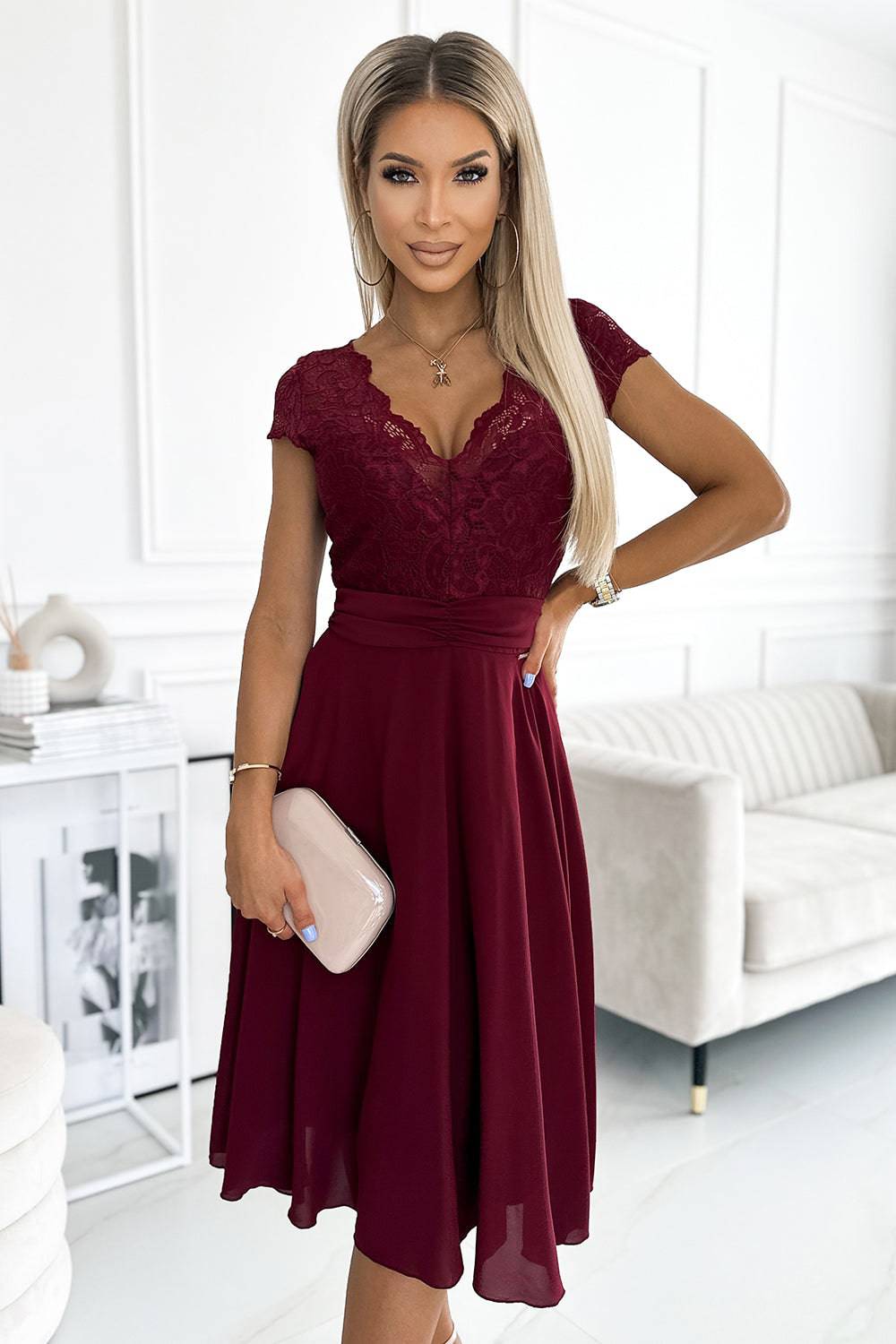 Numoco 381-5 LINDA - chiffon dress with lace neckline - Burgundy color