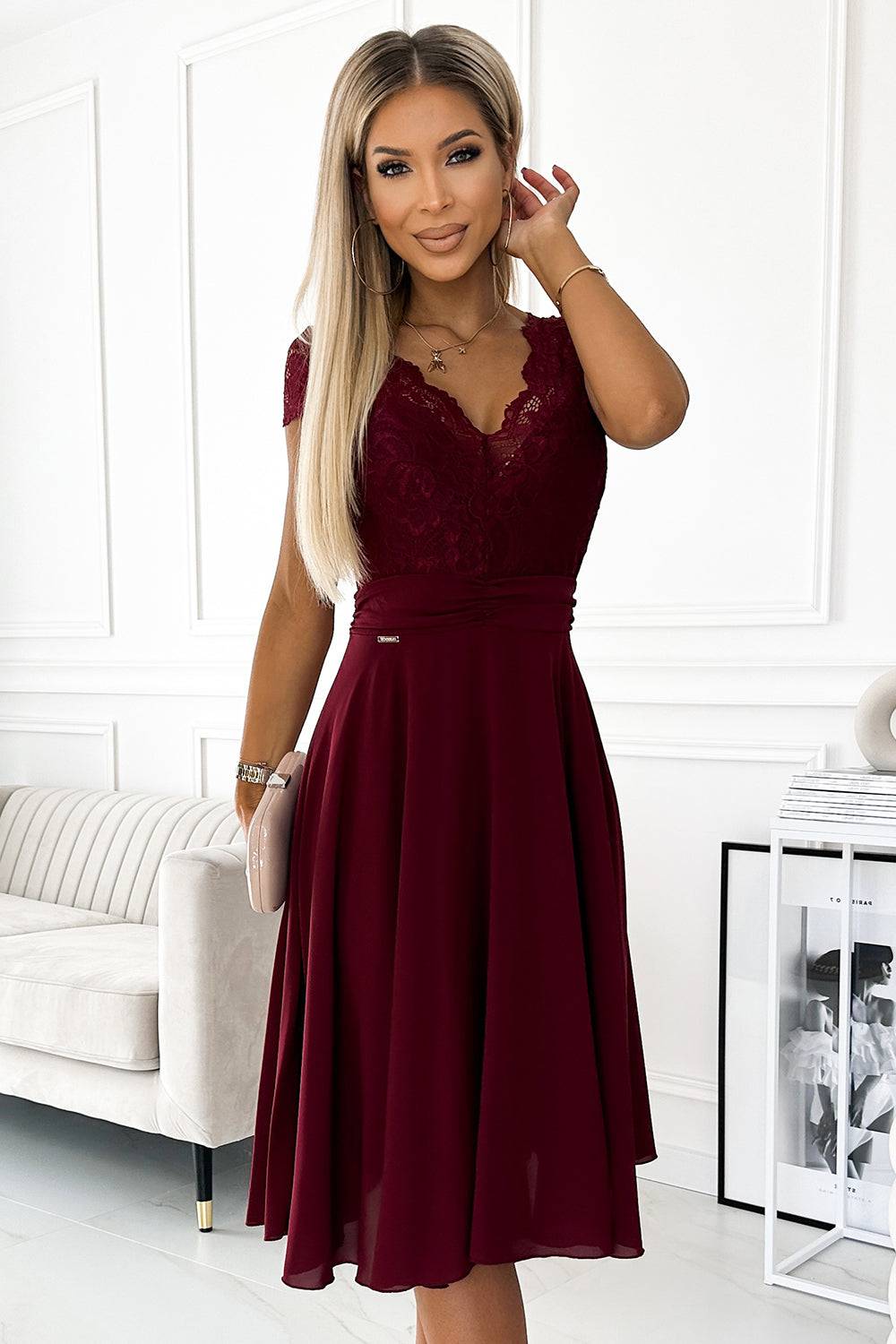 Numoco 381-5 LINDA - chiffon dress with lace neckline - Burgundy color