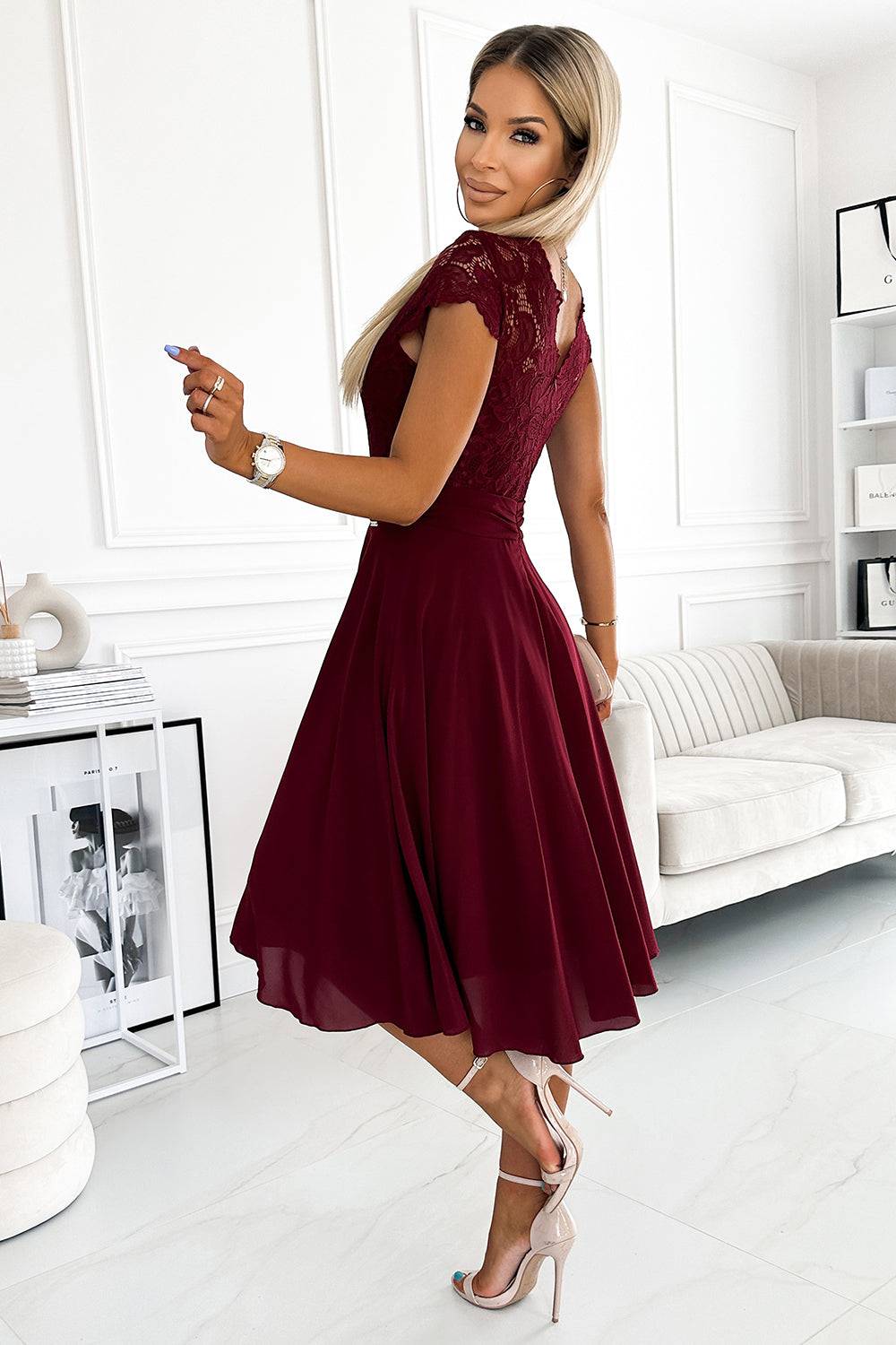 Numoco 381-5 LINDA - chiffon dress with lace neckline - Burgundy color