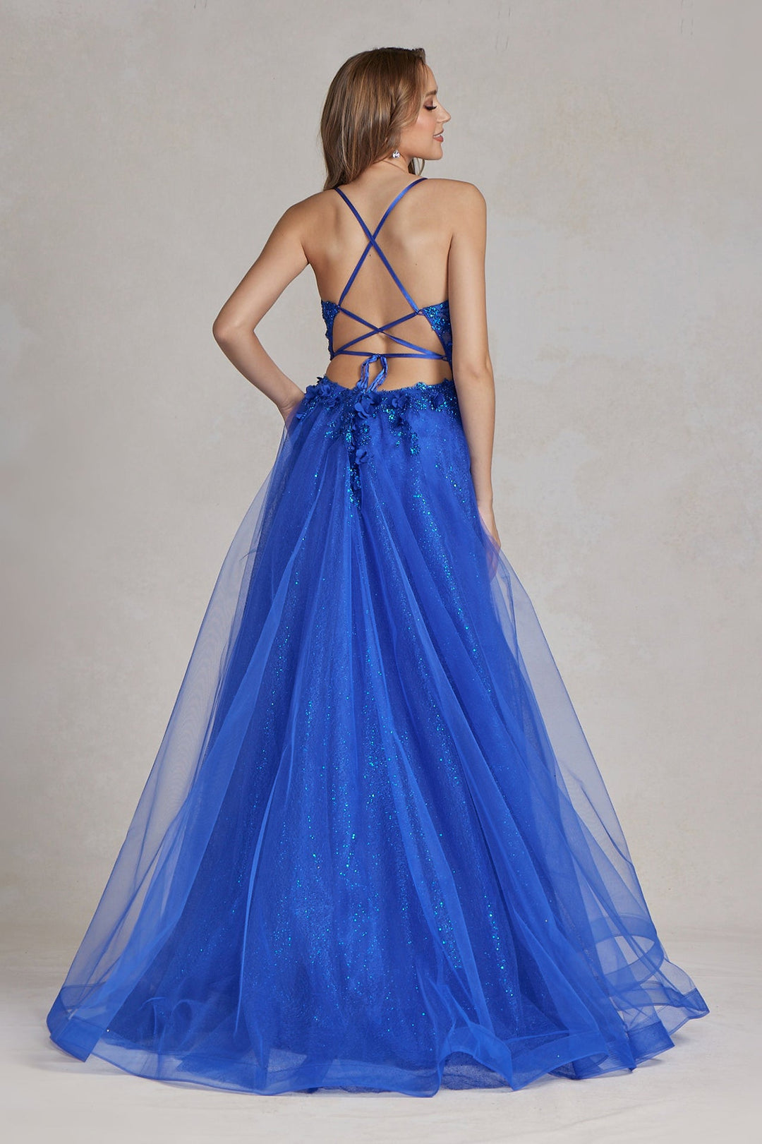 Tulle Skirt Embroidered Lace Open Criss Cross Back Long Prom Dress NXC1113-2