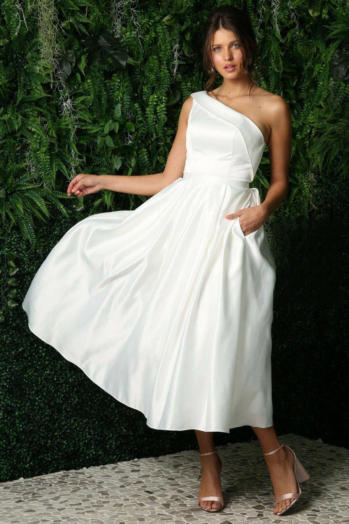 Open Back Strap Satin One Shoulder Midi Wedding Dress NXJE931W Sale-Shangri-La Fashion