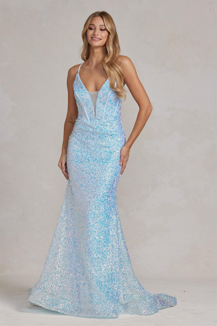 Embroidered Sequins Illusion V-Neck Open Back Mermaid Long Evening Dress NXC1094-2