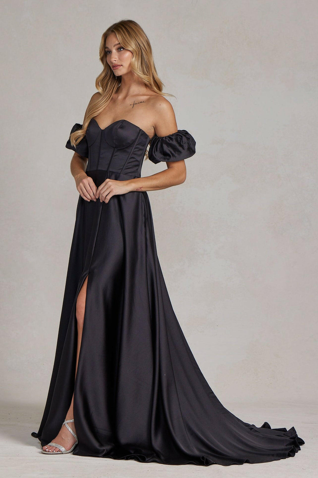 Off Shoulder Sweetheart Satin Side Slit Long Prom Dress NXK1122-2