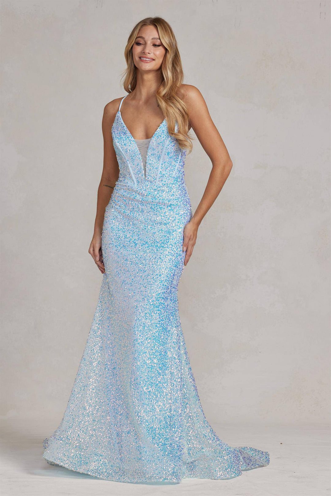 Embroidered Sequins Illusion V-Neck Open Back Mermaid Long Evening Dress NXC1094