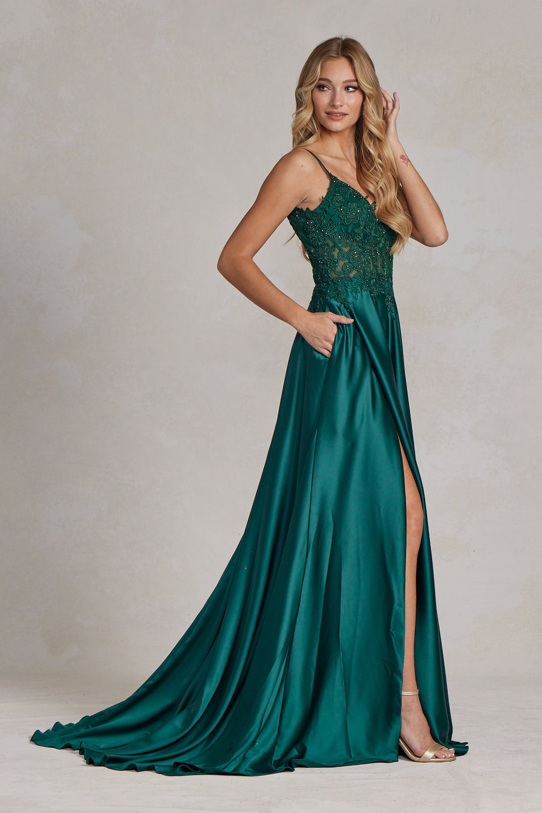 Embroidered Lace Bodice Open V-Back Satin Skirt Long Prom Dress NXK1121-2