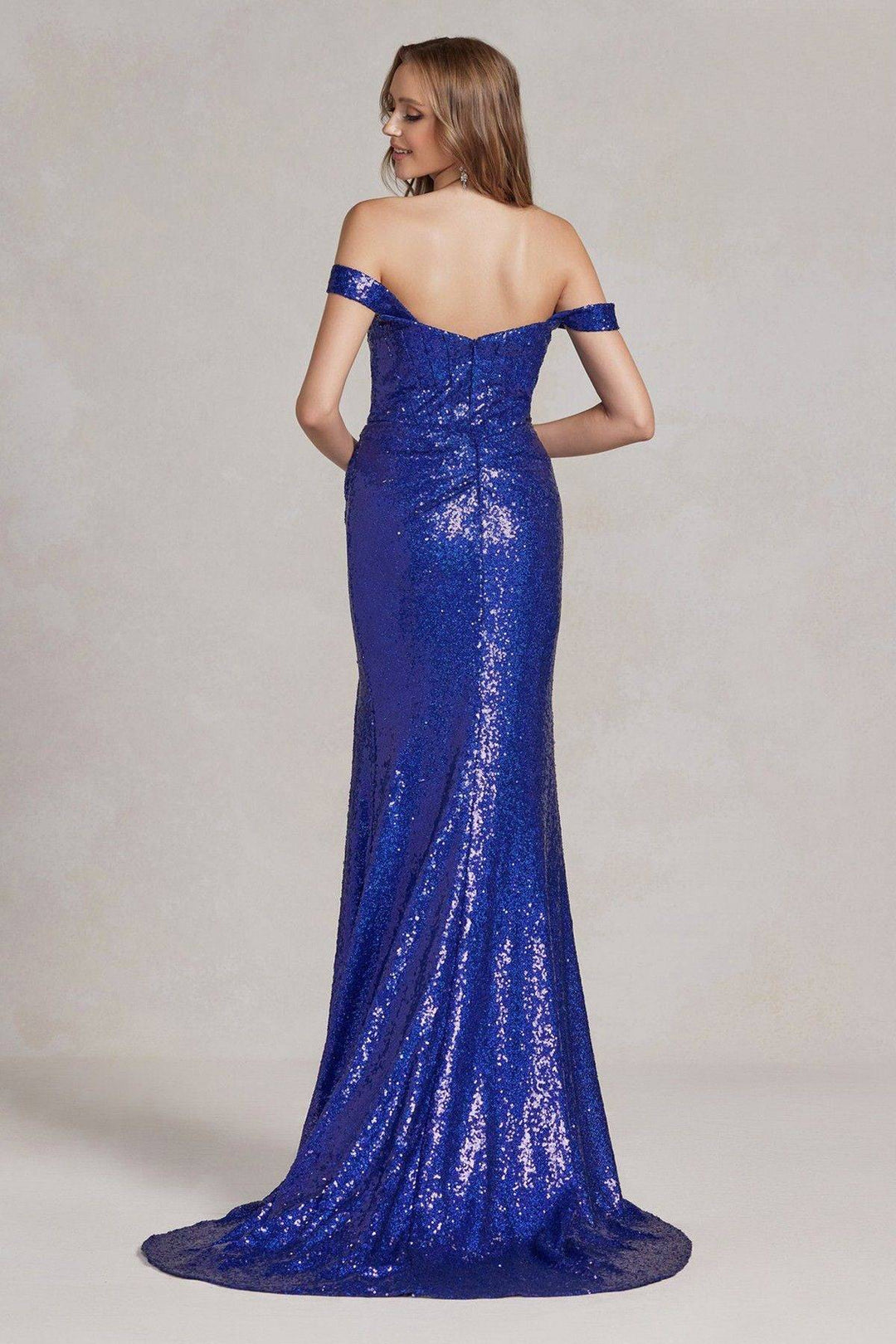 Off Shoulder Embroidered Sequins Open Back Long Prom Dress NXR1203