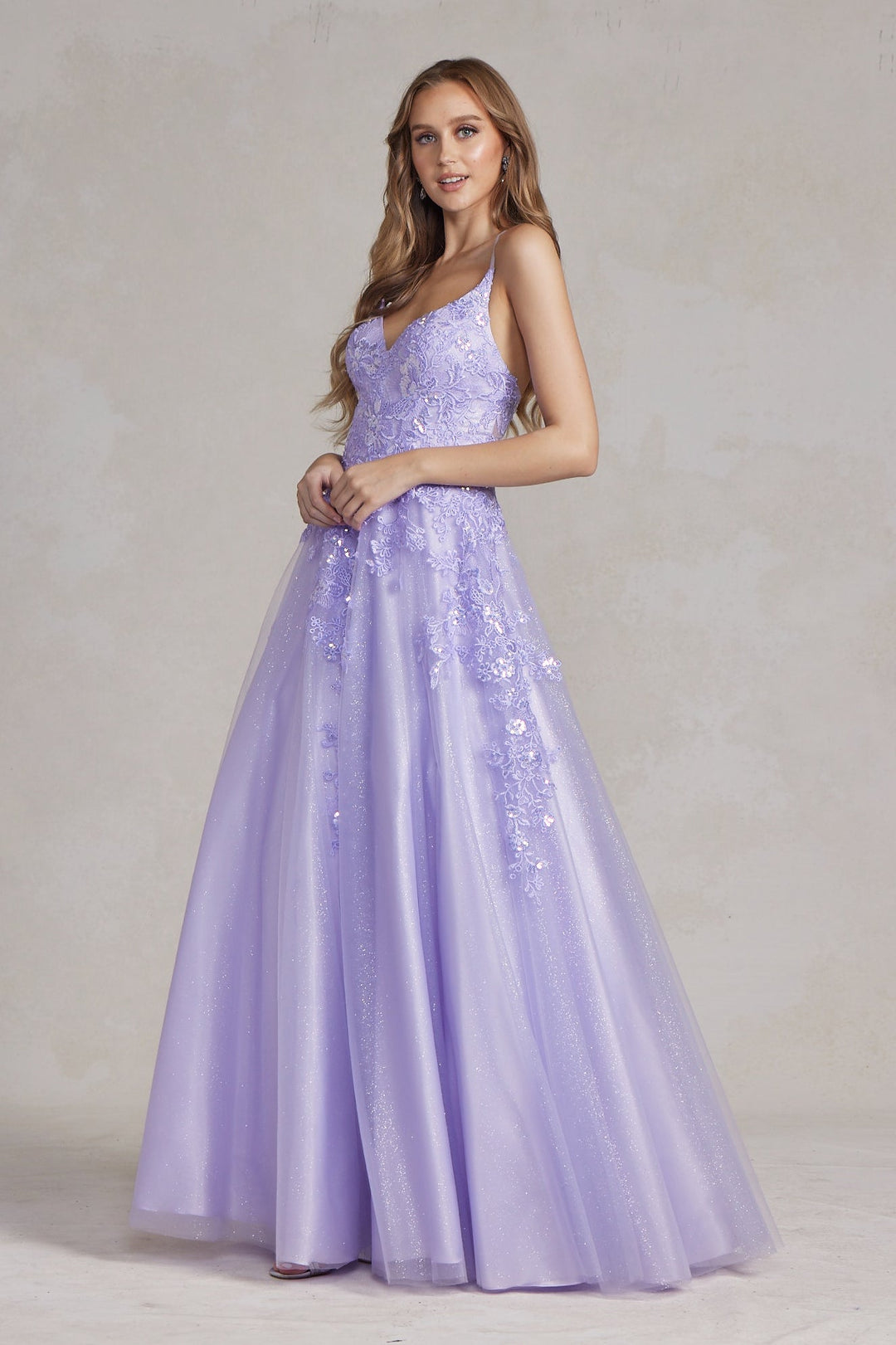 A-Line Embroidered Lace Open Criss Cross Back Long Prom Dress NXE1178-1