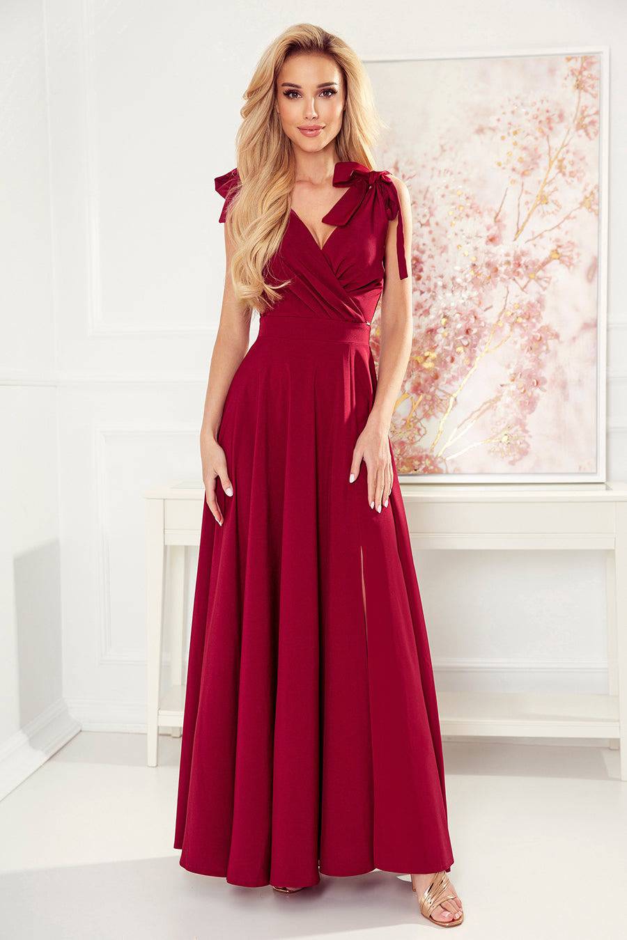 Numoco 405-1 ELENA Long dress with a neckline and ties on the shoulders - Burgundy color