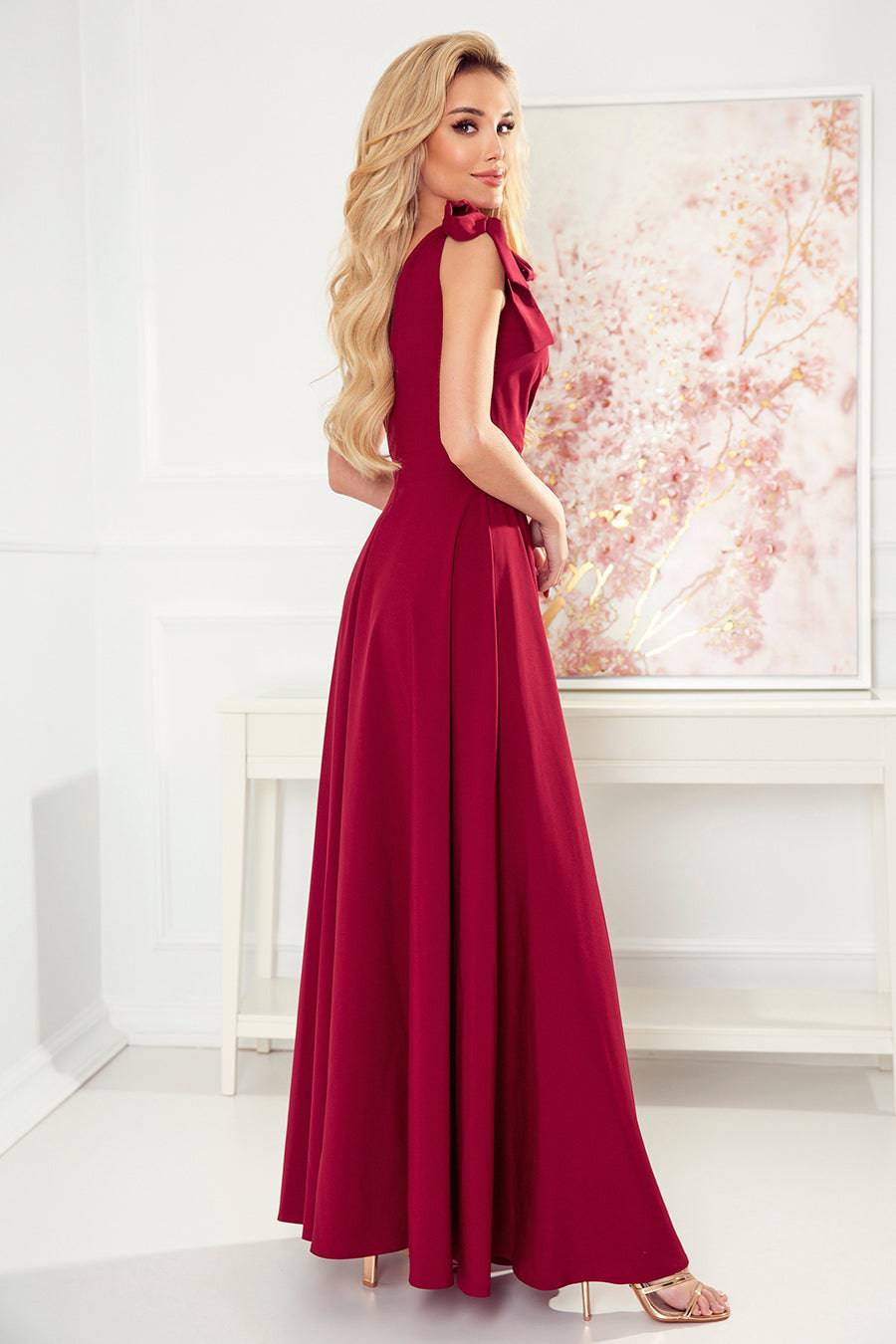 Numoco 405-1 ELENA Long dress with a neckline and ties on the shoulders - Burgundy color