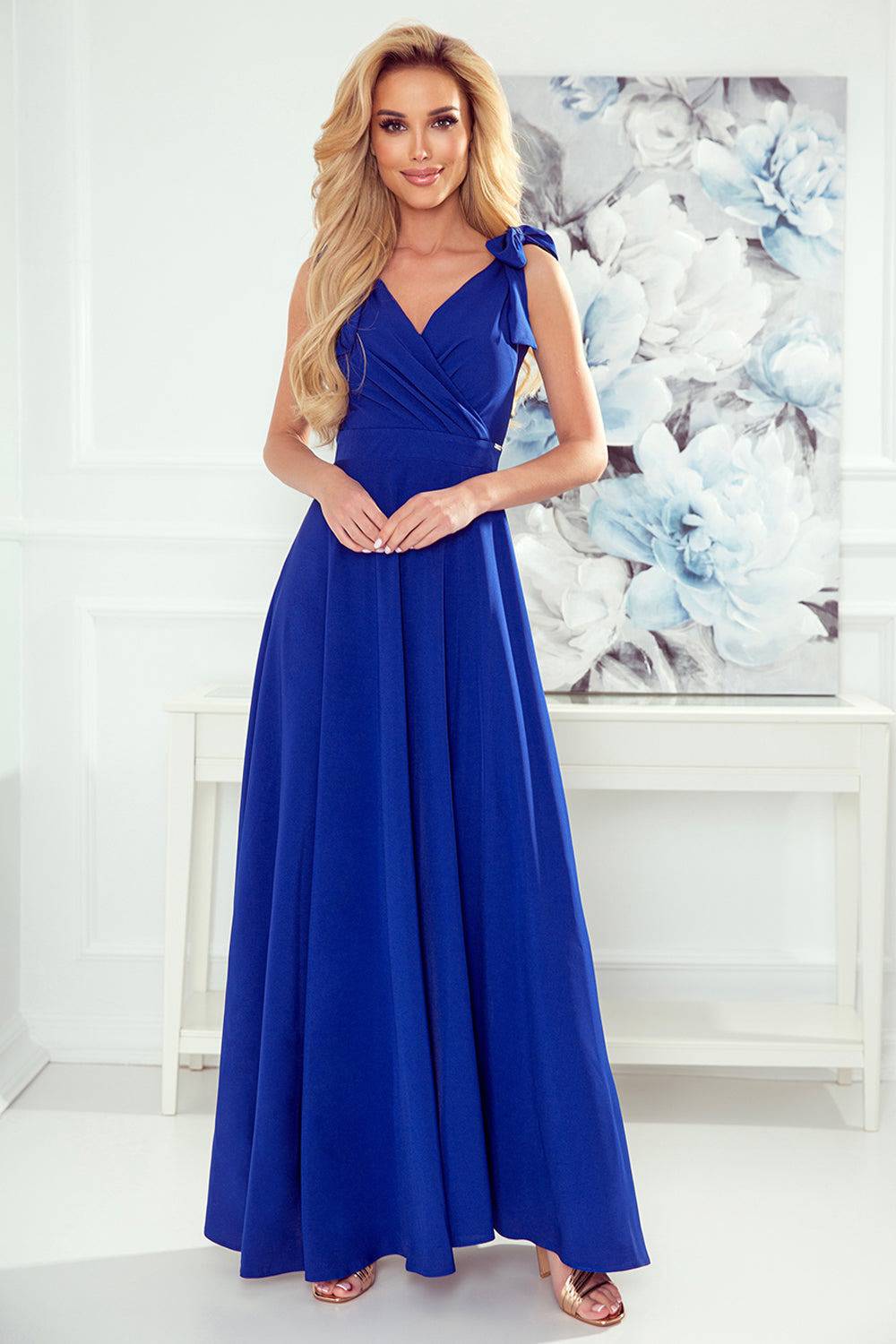 Numoco 405-2 ELENA Long dress with a neckline and ties on the shoulders - blue