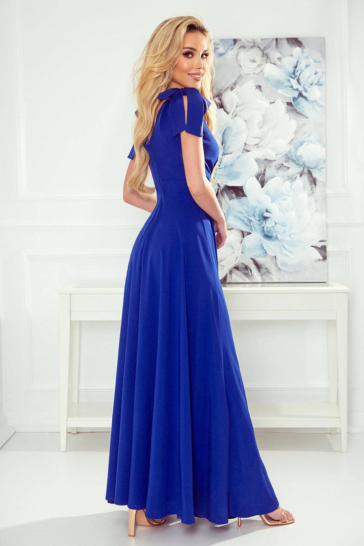 Numoco 405-2 ELENA Long dress with a neckline and ties on the shoulders - blue