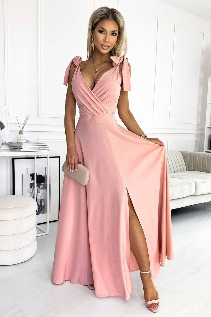 Numoco 405-3 ELENA Long dress with a neckline and ties on the shoulders - dirty pink-Shangri-La Fashion