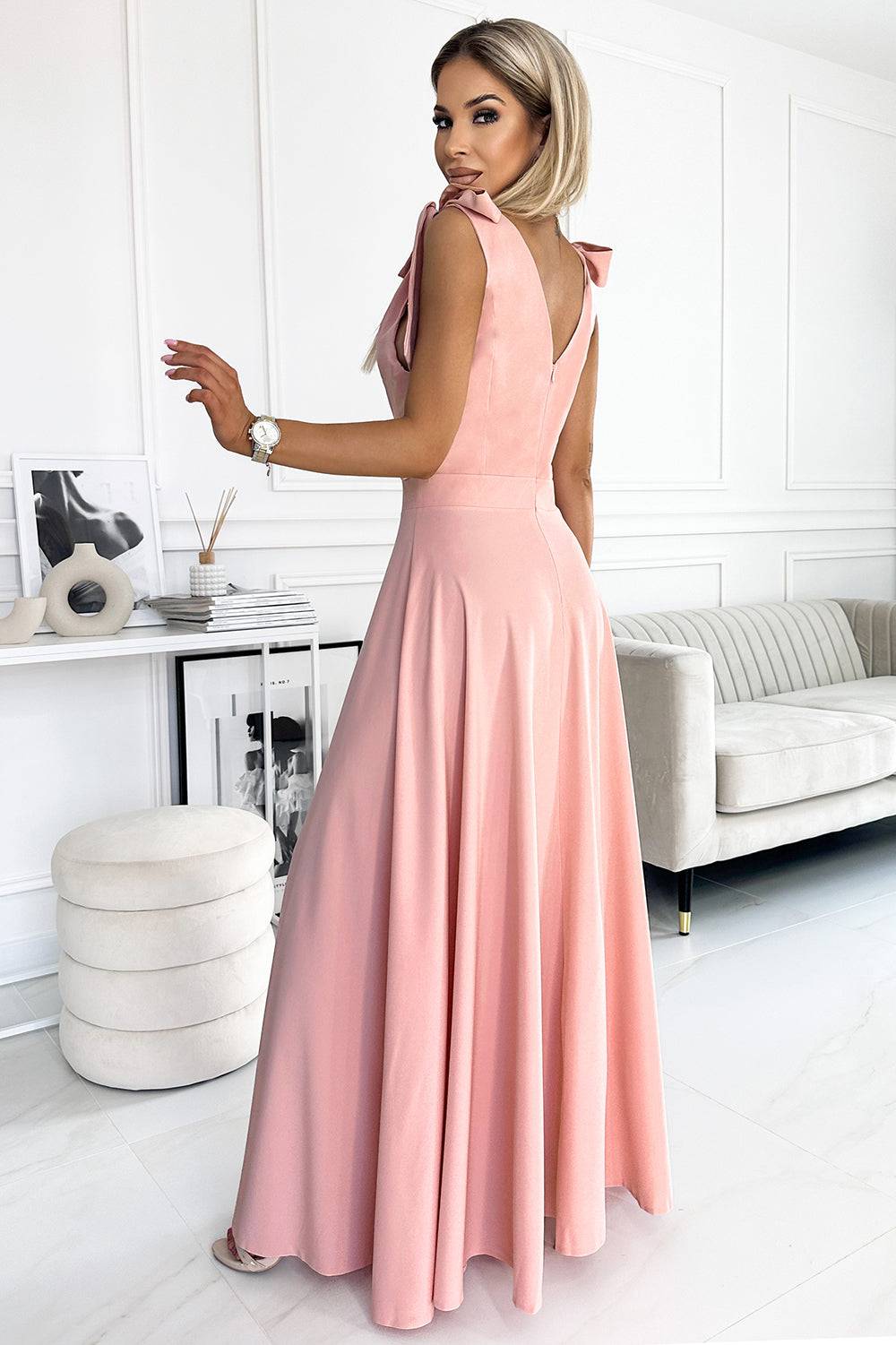 Numoco 405-3 ELENA Long dress with a neckline and ties on the shoulders - dirty pink