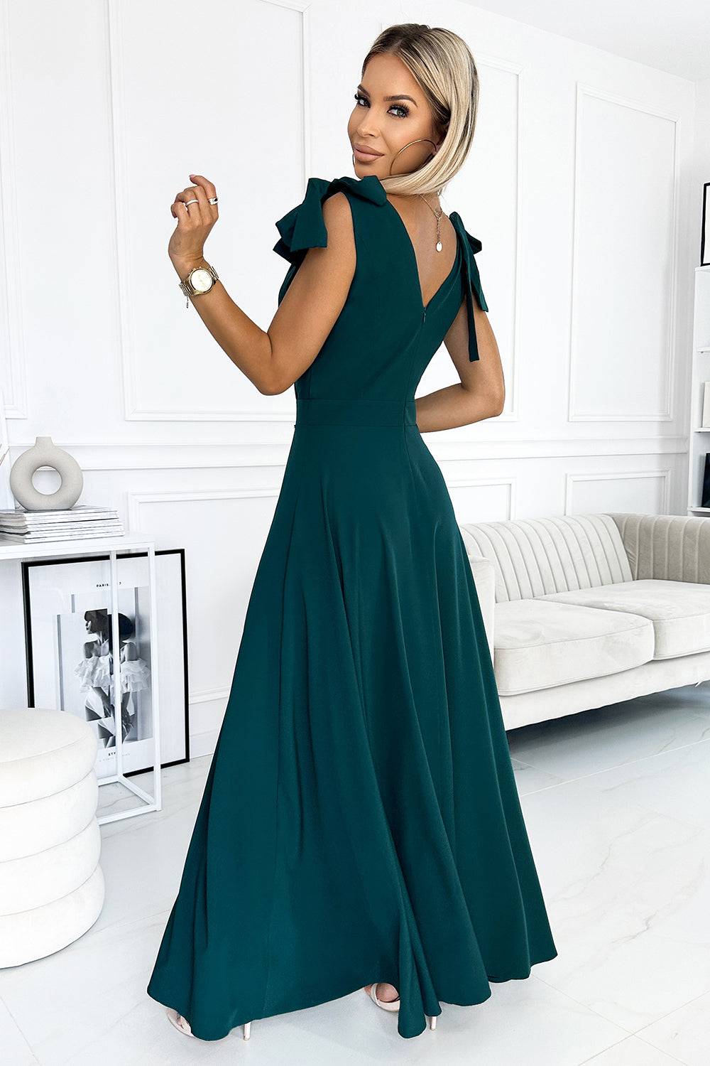 Numoco 405-4 ELENA Long dress with a neckline and ties on the shoulders - GREEN