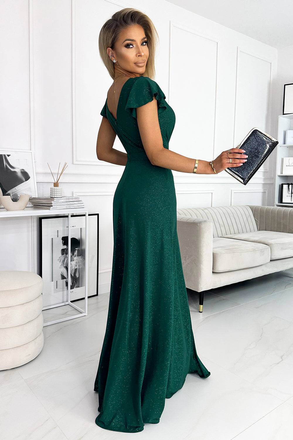 Numoco 411-1 CRYSTAL long shimmering dress with a neckline - green-Shangri-La Fashion