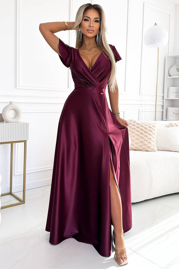 Numoco 411-10 CRYSTAL satin long dress with a neckline - Burgundy color