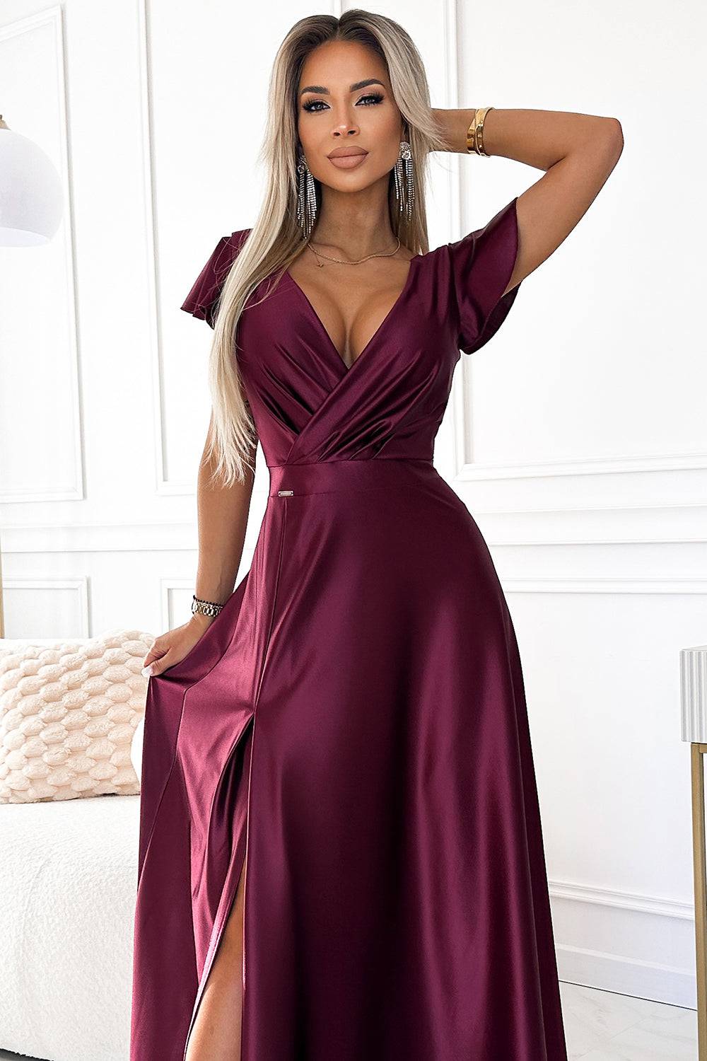 Numoco 411-10 CRYSTAL satin long dress with a neckline - Burgundy color