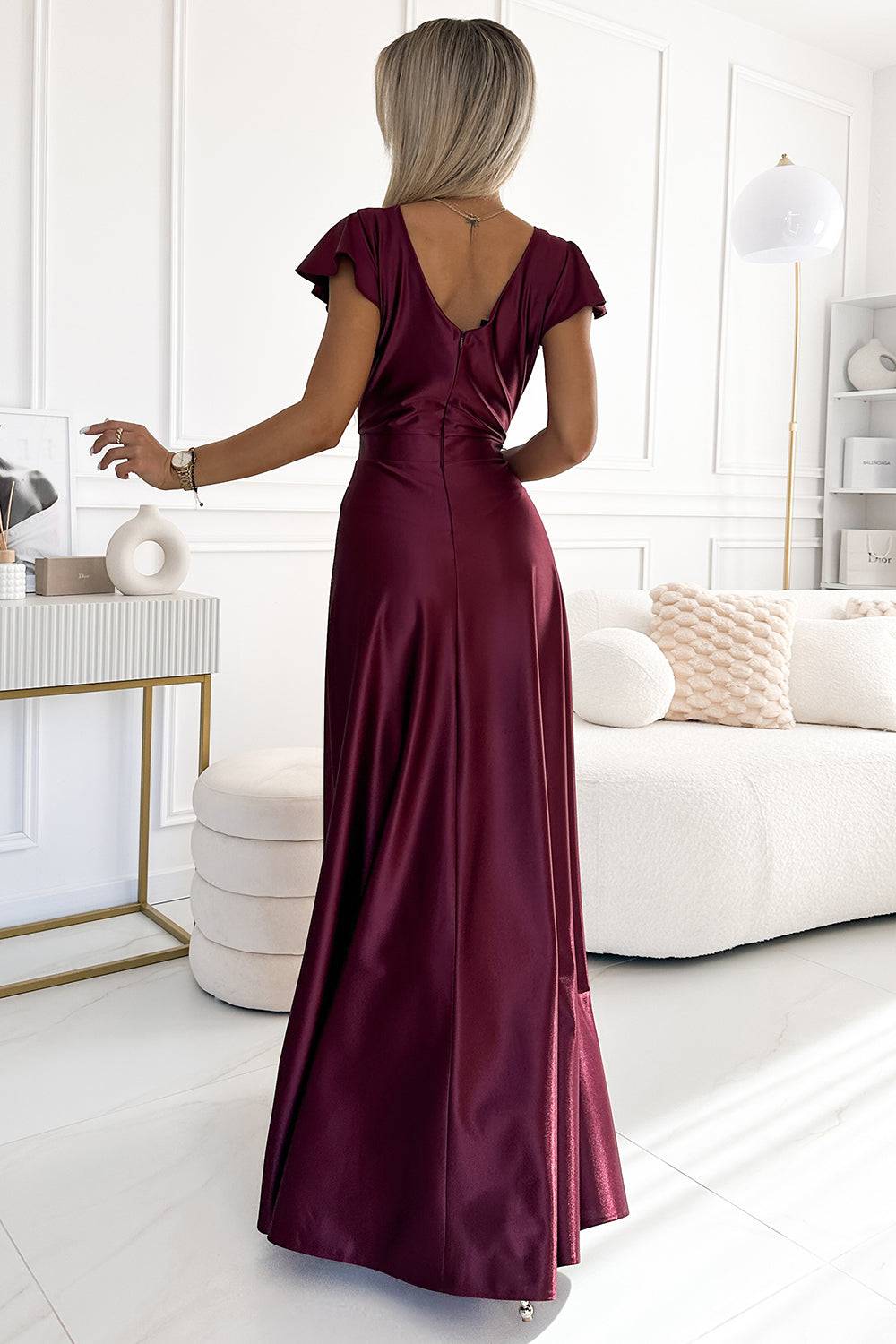 Numoco 411-10 CRYSTAL satin long dress with a neckline - Burgundy color