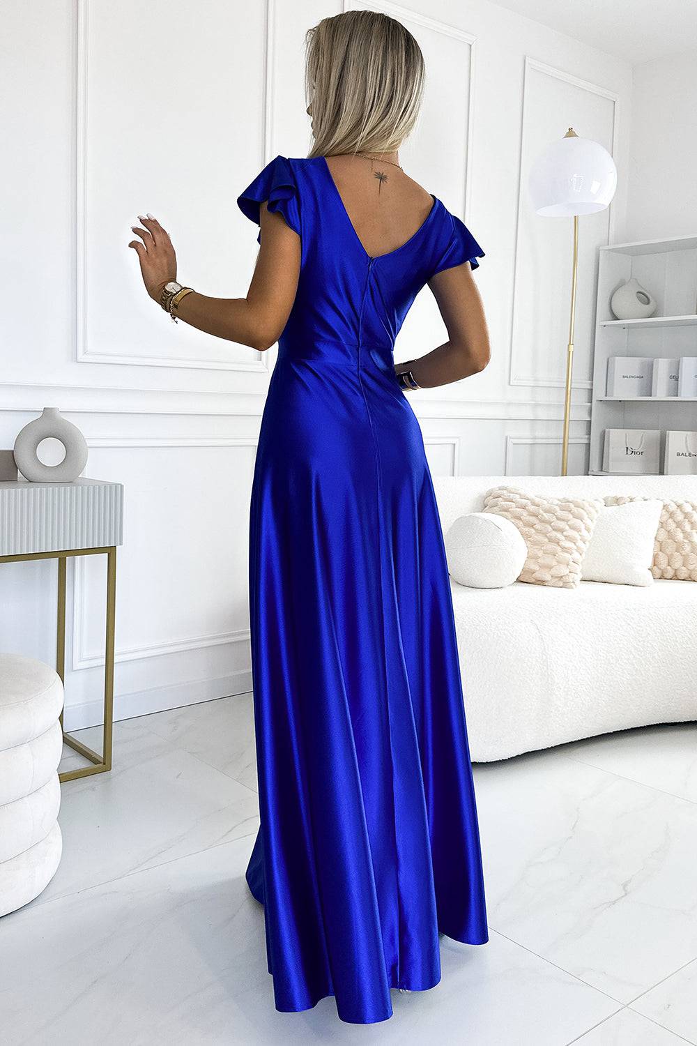 Numoco 411-11 CRYSTAL satin long dress with a neckline - royal blue-Shangri-La Fashion