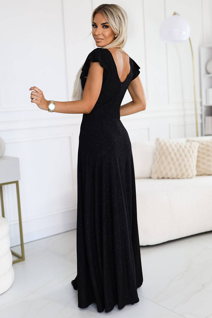 Numoco 411-12 CRYSTAL long shimmering dress with a neckline - black