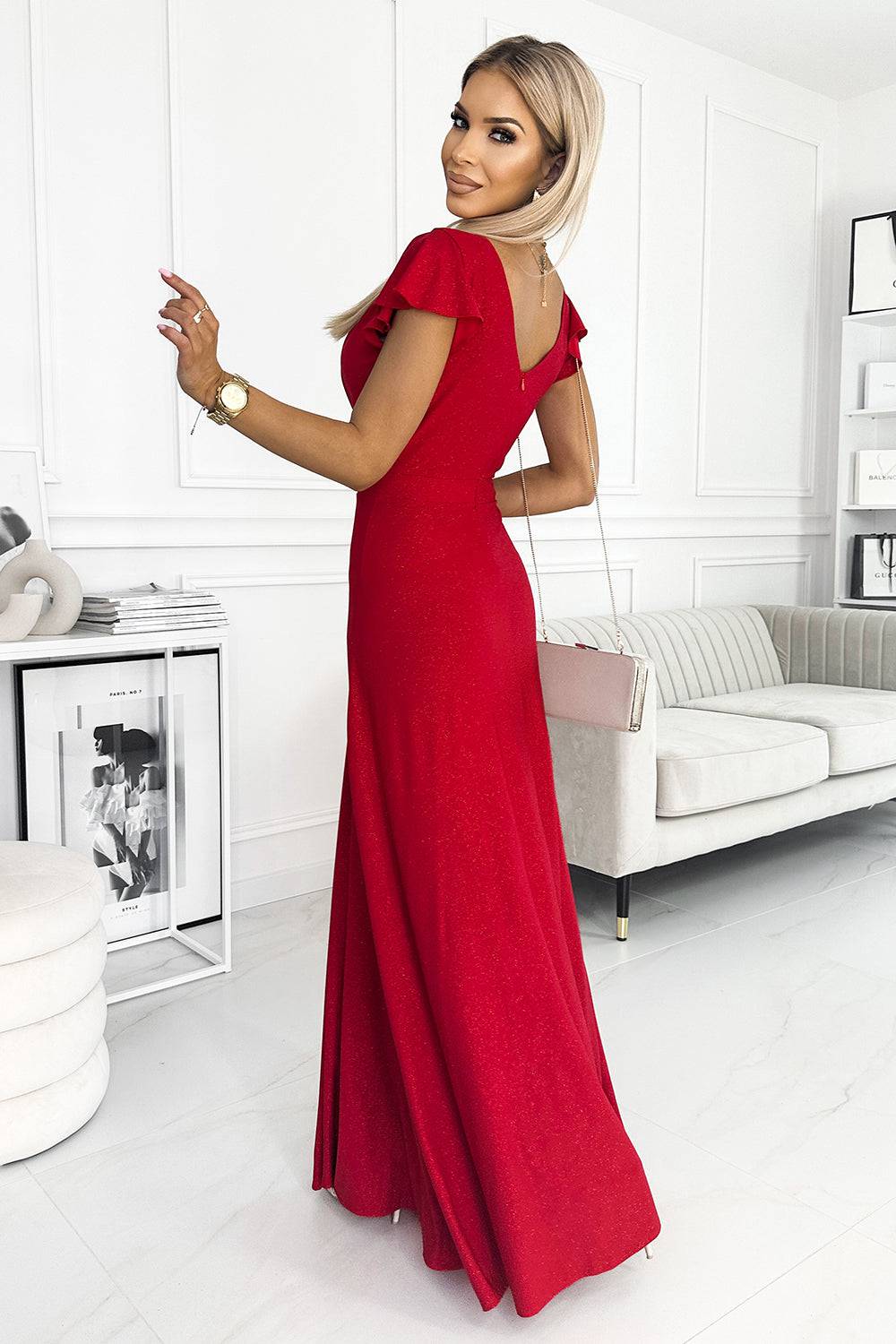 Numoco 411-2 CRYSTAL long shimmering dress with a neckline - red