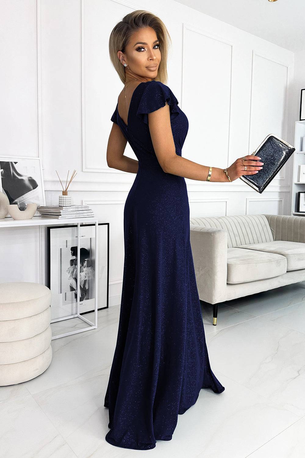 Numoco 411-3 CRYSTAL long shimmering dress with a neckline - navy blue-Shangri-La Fashion