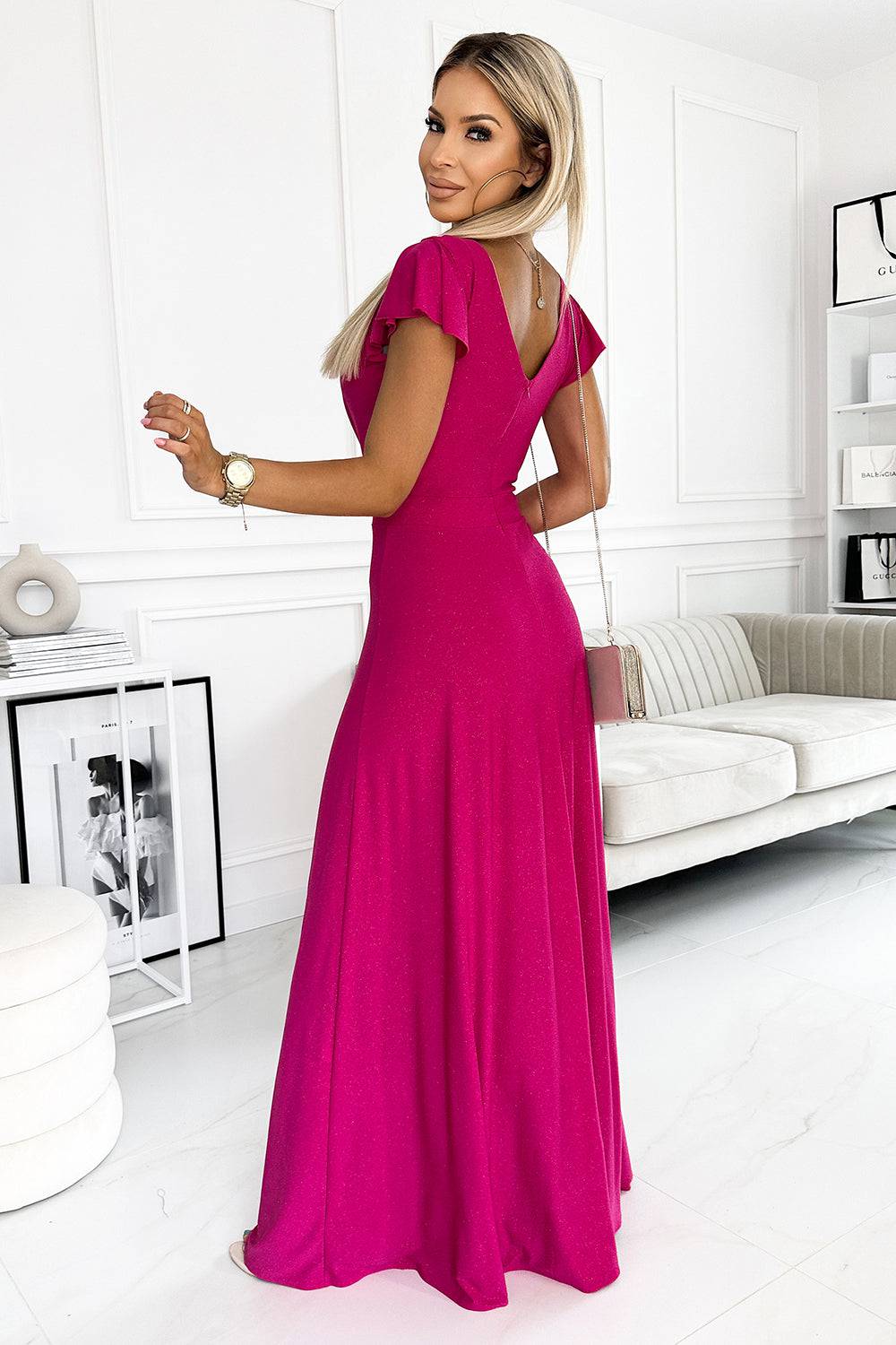 Numoco 411-5 CRYSTAL long shimmering dress with a neckline - fuchsia