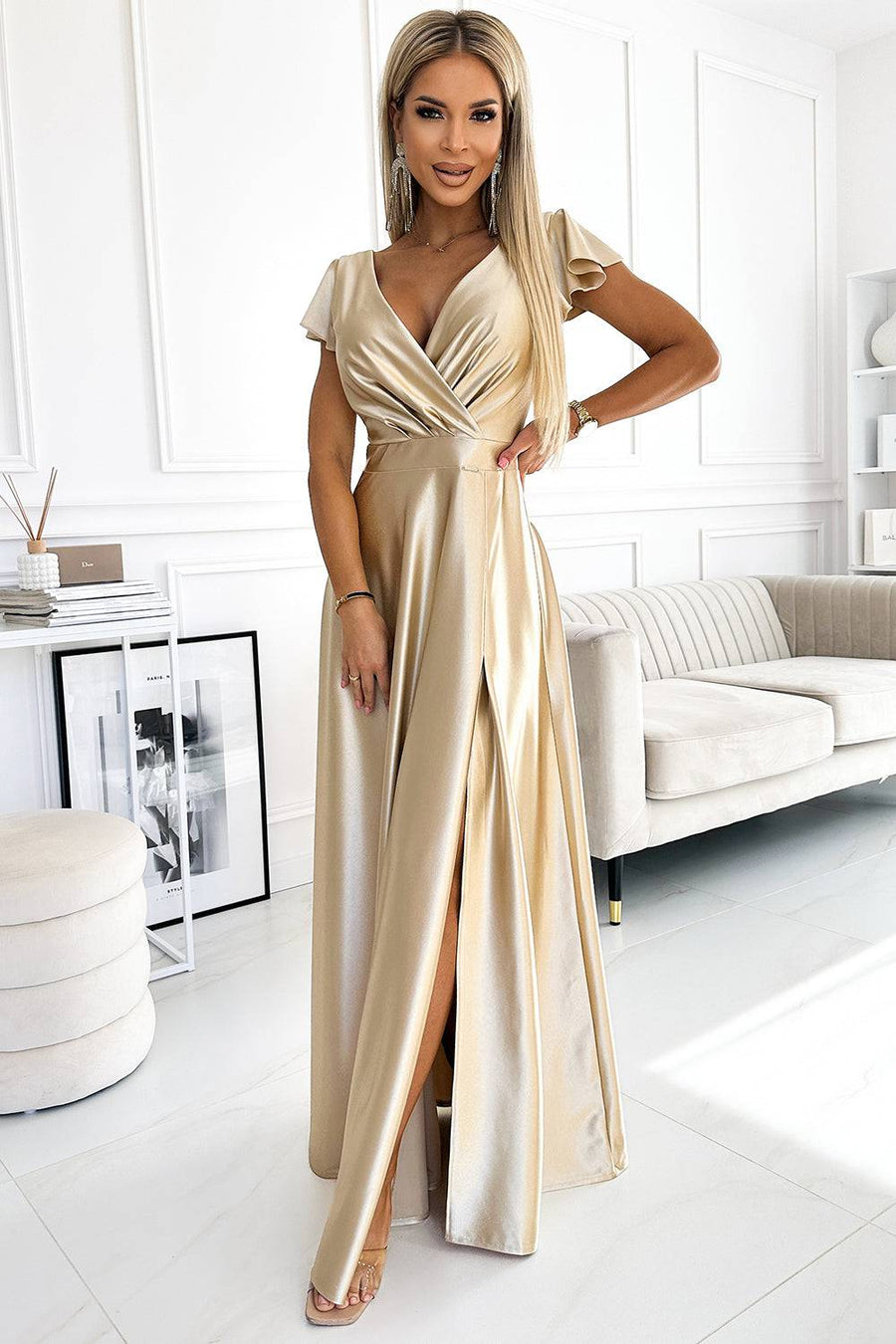 Numoco 411-7 CRYSTAL satin long dress with a neckline - gold-Shangri-La Fashion