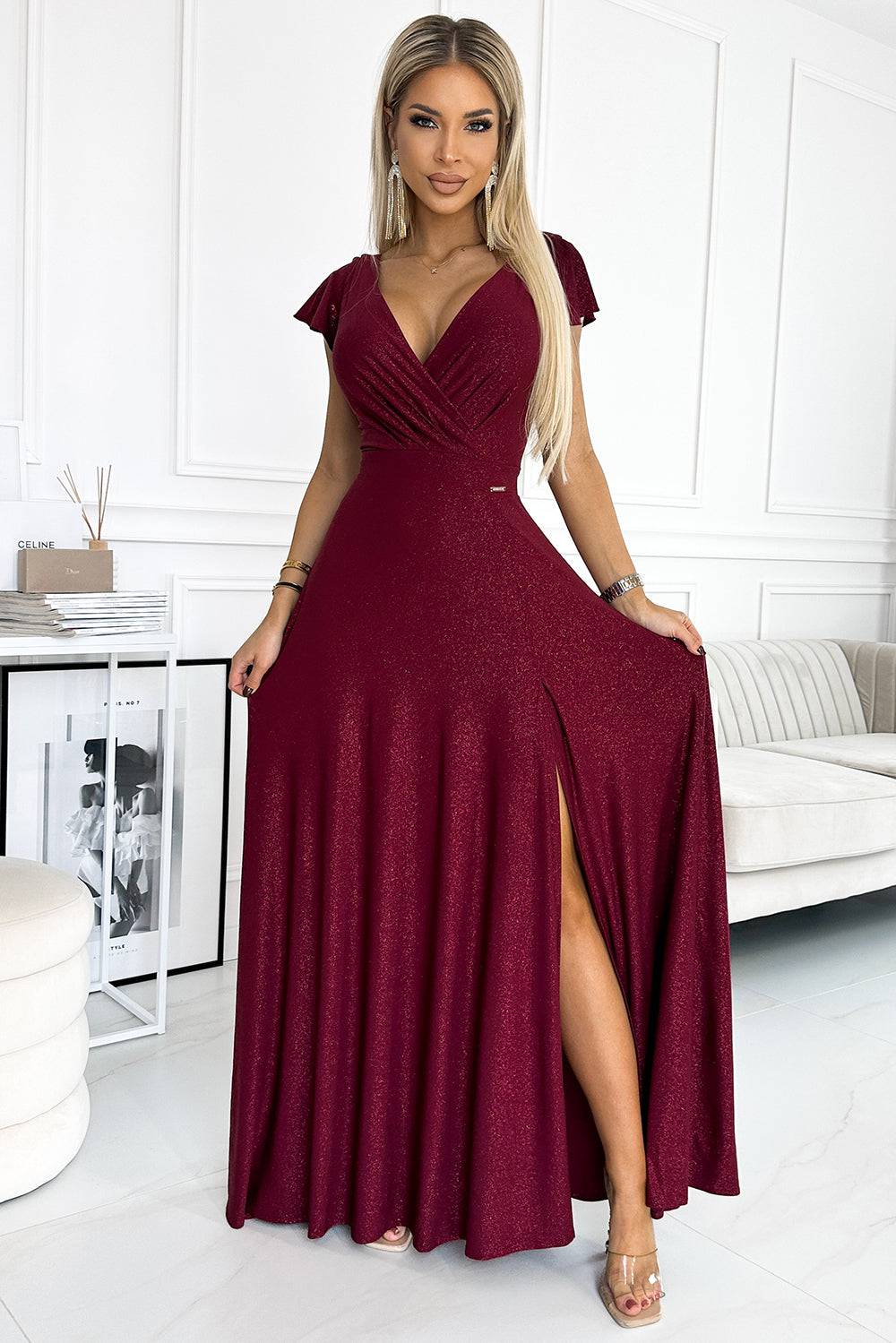 Numoco 411-8 CRYSTAL long shimmering dress with a neckline - Burgundy color