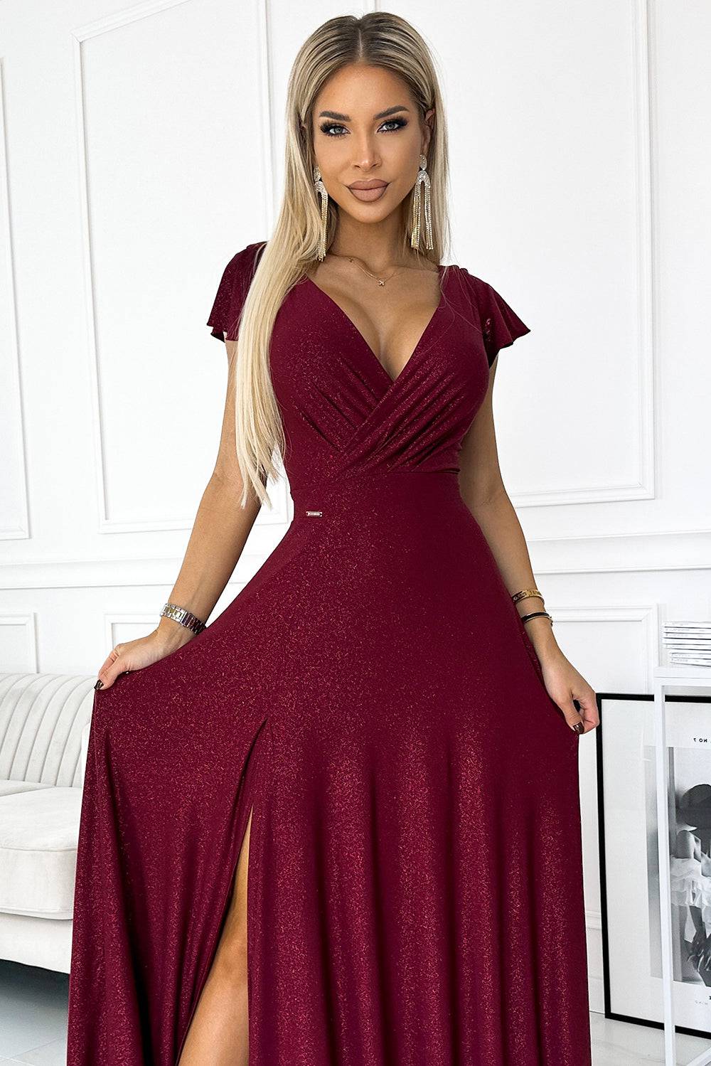 Numoco 411-8 CRYSTAL long shimmering dress with a neckline - Burgundy color