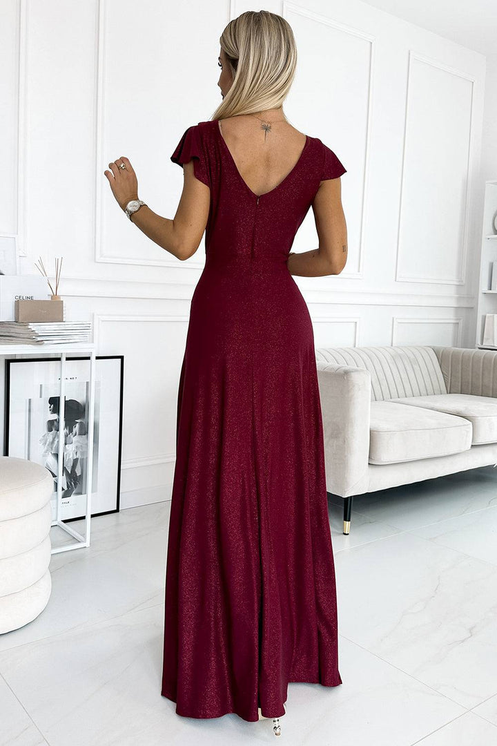 Numoco 411-8 CRYSTAL long shimmering dress with a neckline - Burgundy color