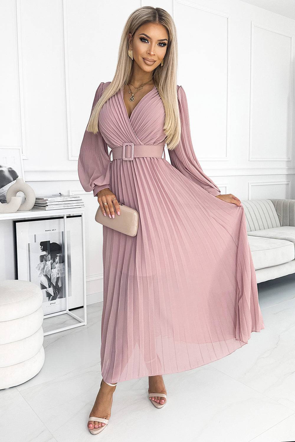 Numoco Basic 414-2 KLARA pleated dress with a belt and a neckline - powder pink-Shangri-La Fashion