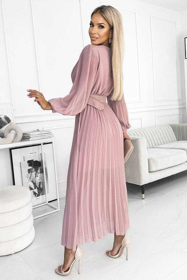 Numoco Basic 414-2 KLARA pleated dress with a belt and a neckline - powder pink-Shangri-La Fashion