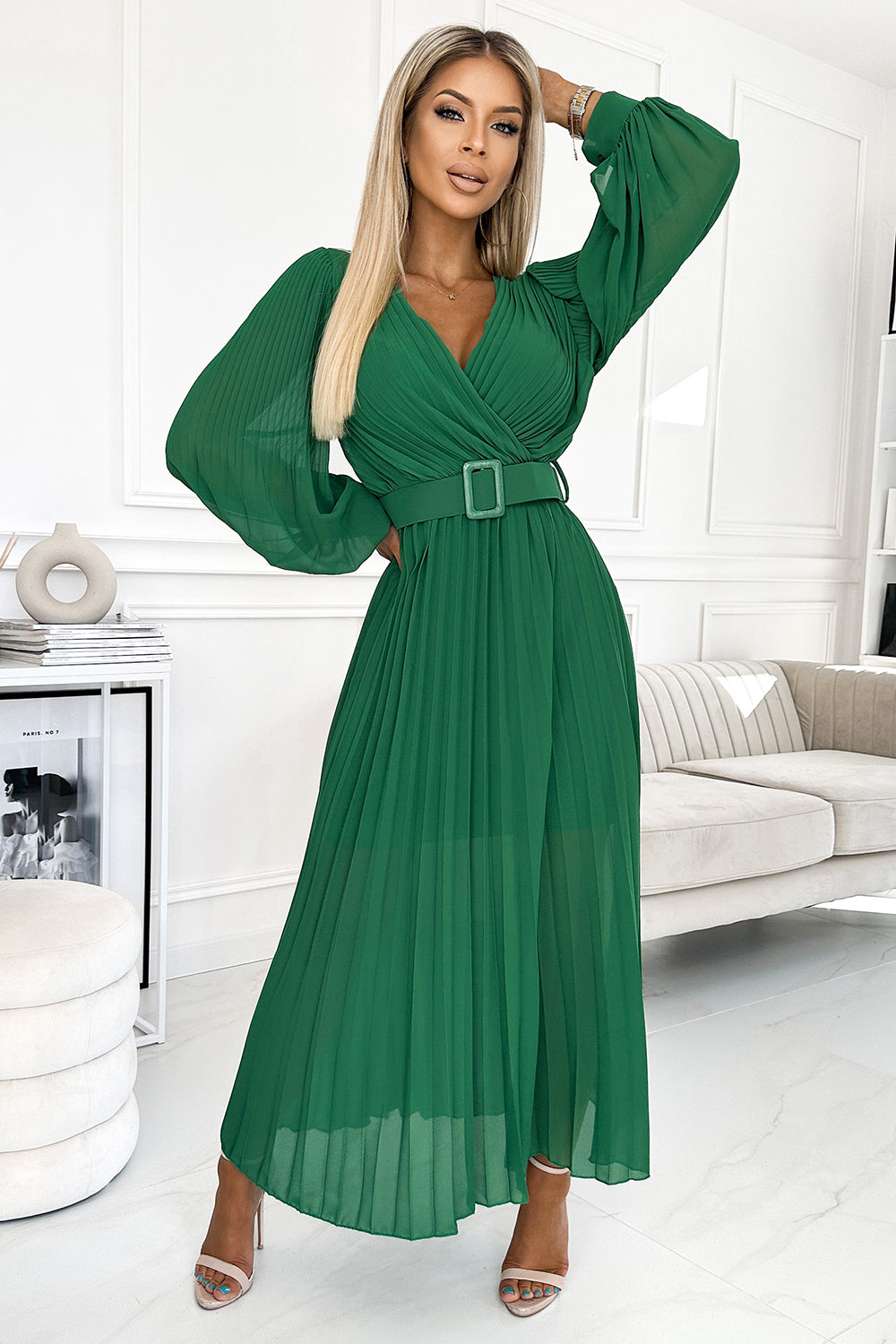 Numoco Basic 414-3 KLARA pleated dress with a belt and a neckline - green-0