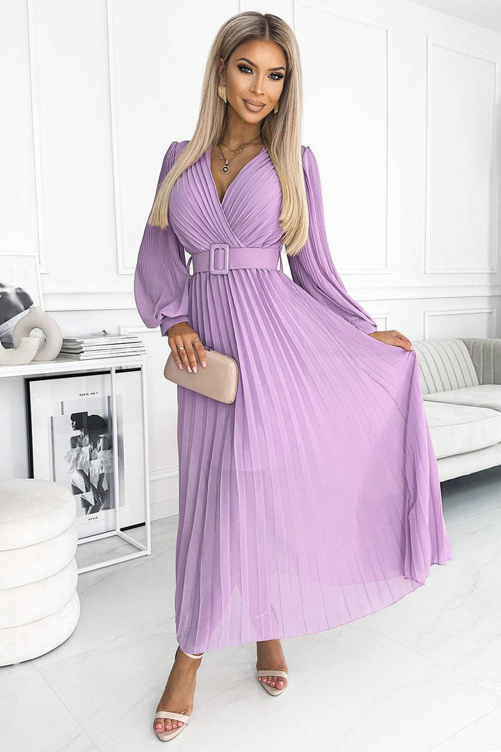 Numoco Basic 414-6 KLARA pleated dress with a belt and a neckline - lilac color