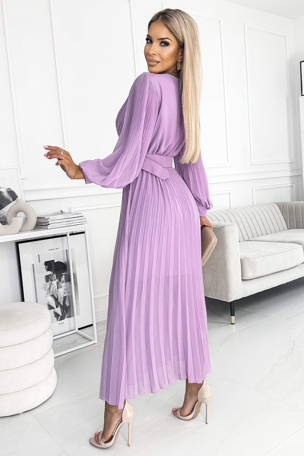 Numoco Basic 414-6 KLARA pleated dress with a belt and a neckline - lilac color-1