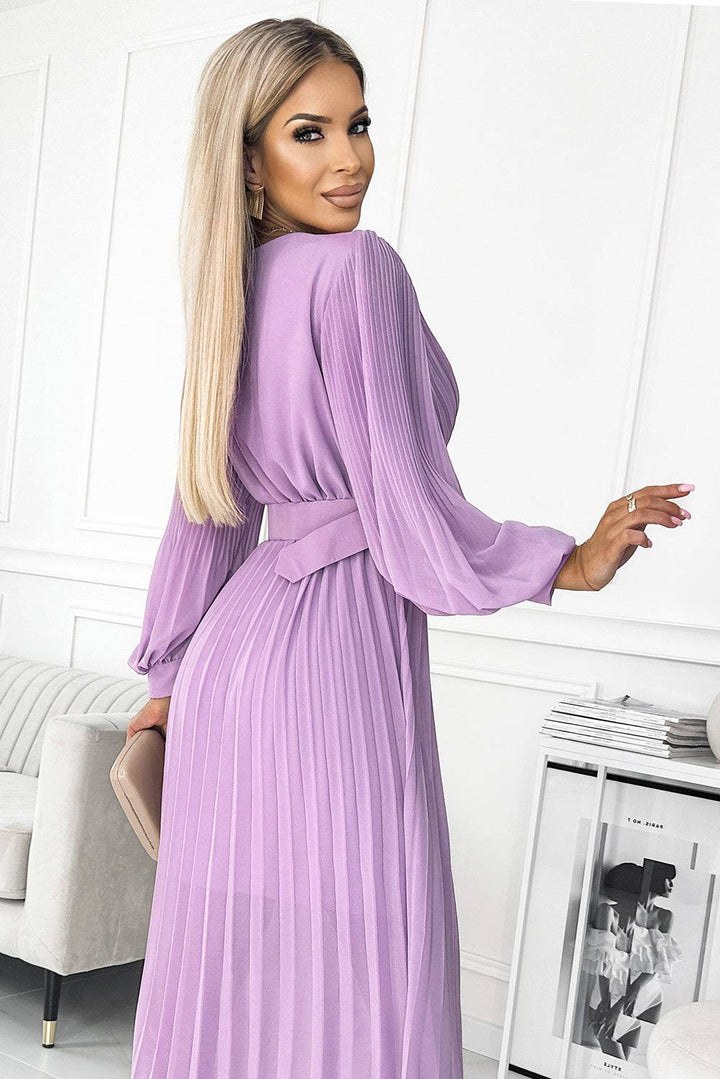 Numoco Basic 414-6 KLARA pleated dress with a belt and a neckline - lilac color