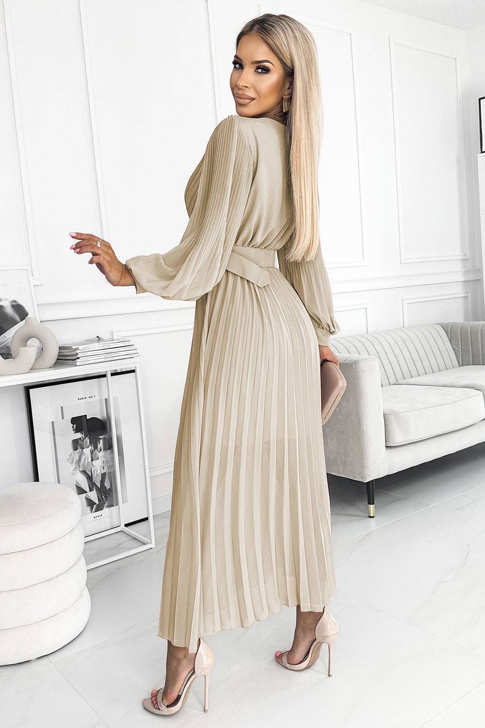 Numoco Basic 414-8 KLARA pleated dress with a belt and a neckline - beige